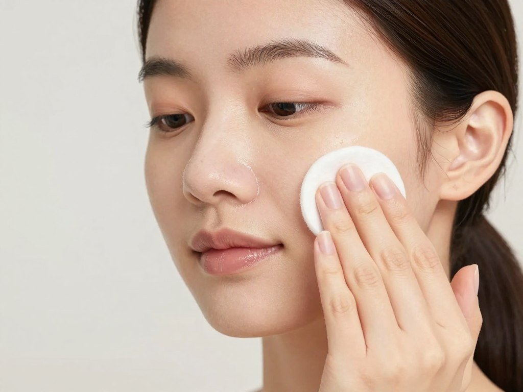 امرأة تضع تونر على بشرتها باستخدام قطنة في روتين العناية بالبشرة بعد الولادة