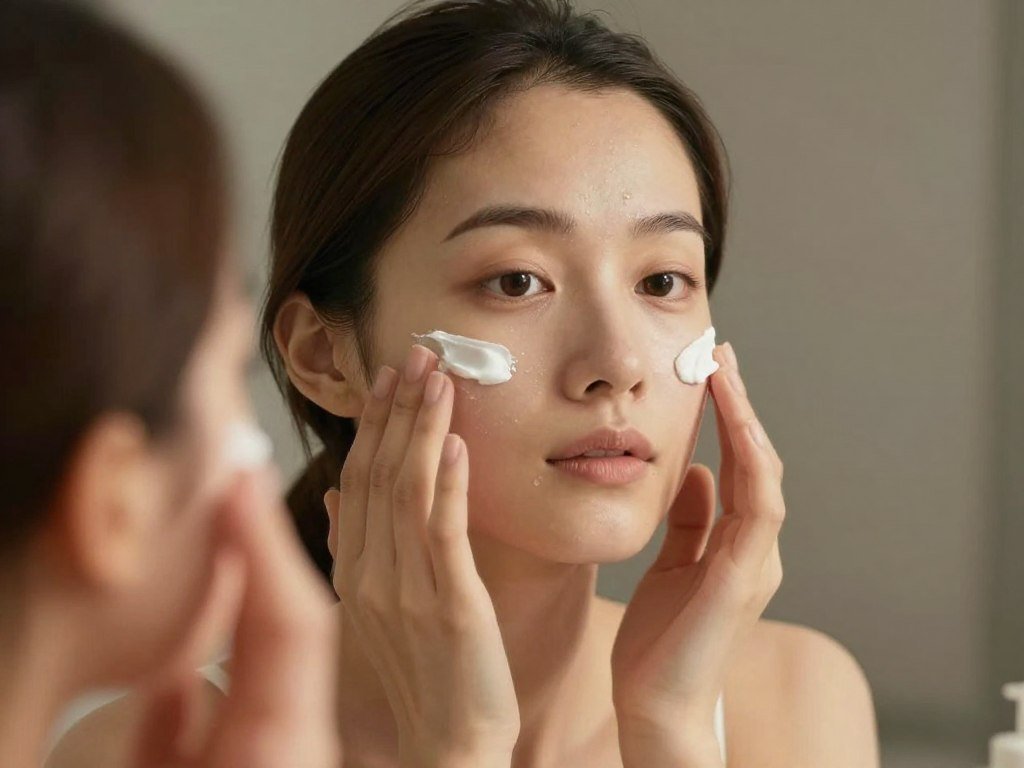 امرأة تضع كريم ليلي مغذي على وجهها كجزء من روتين العناية بالبشرة بعد الولادة