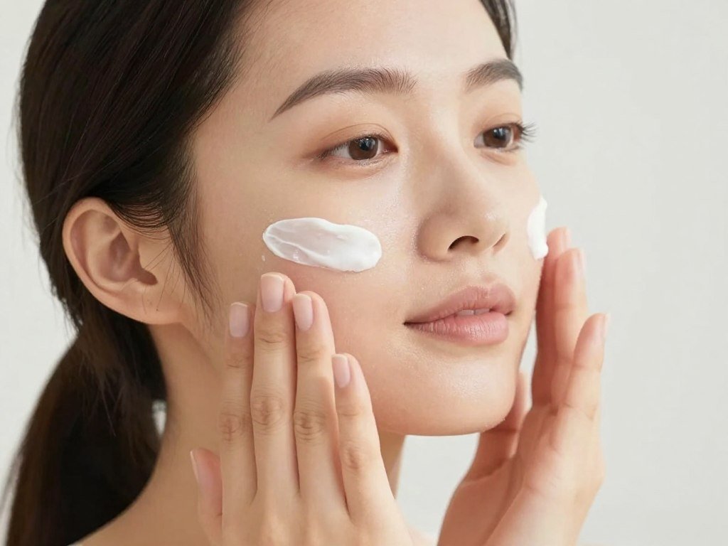 امرأة تضع كريم مرطب على وجهها كجزء من روتين العناية بالبشرة بعد الولادة