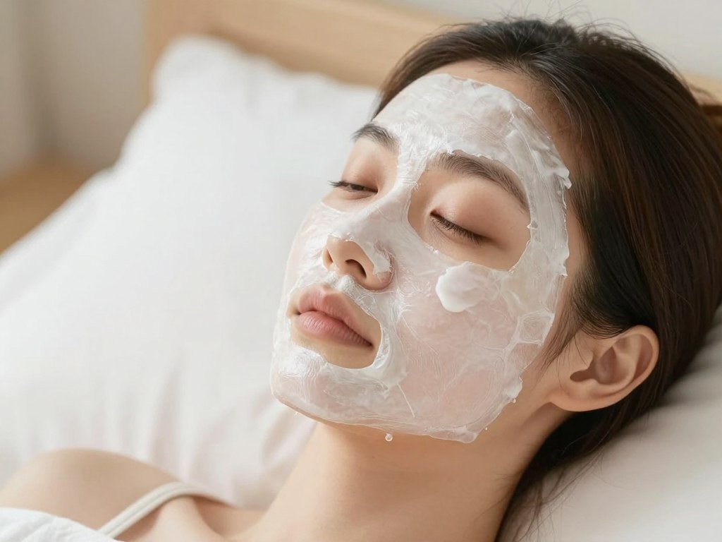 امرأة تضع ماسك مرطب على وجهها كجزء من روتين العناية بالبشرة بعد الولادة