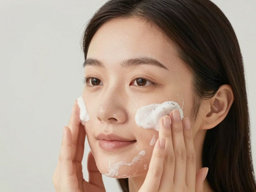 امرأة تضع مقشر لطيف على وجهها كجزء من روتين العناية بالبشرة بعد الولادة