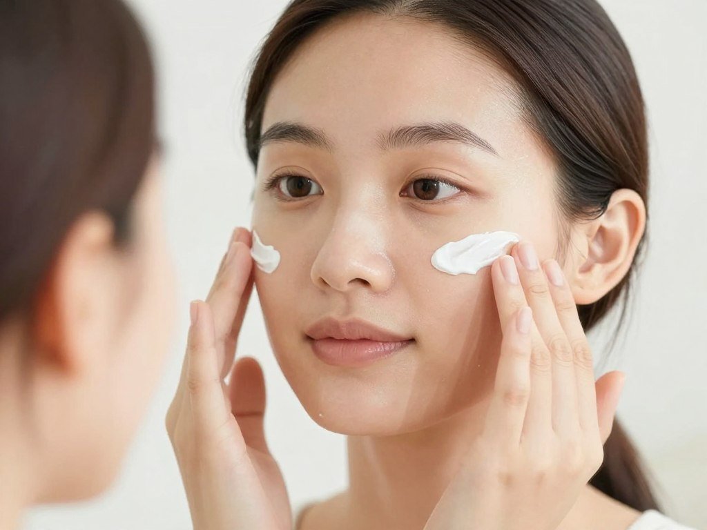 امرأة تضع واقي الشمس على وجهها كجزء من روتين العناية بالبشرة بعد الولادة