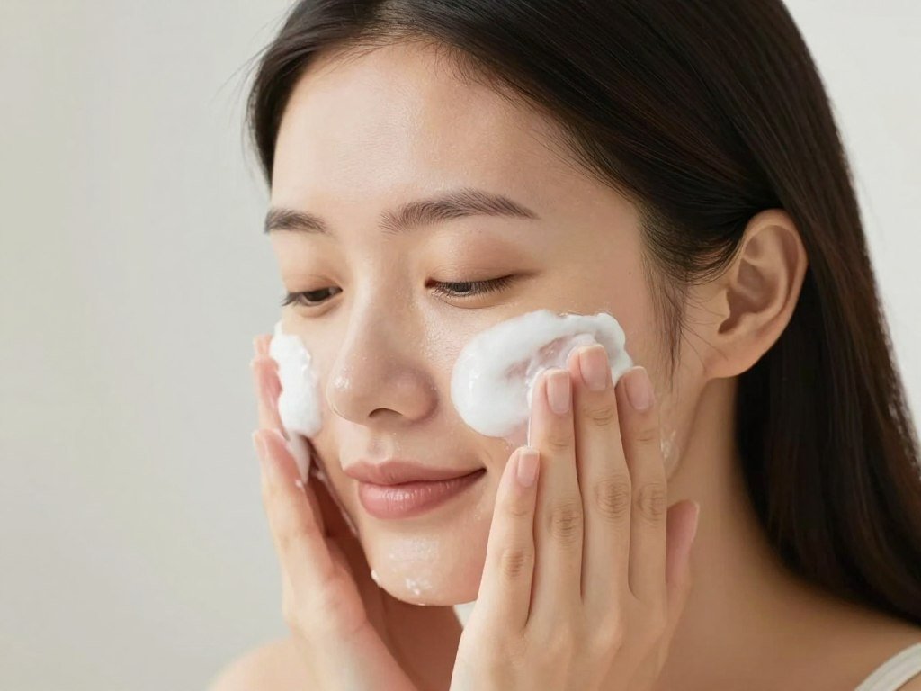 امرأة تغسل وجهها بلطف باستخدام منظف لطيف مناسب لروتين العناية بالبشرة بعد الولادة